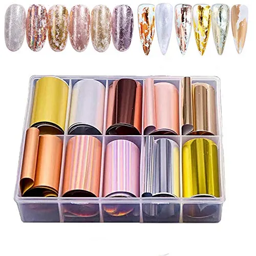 EBANKU 10 Rolls Transferfolie Nailart, Transferfolie Nägel Nagelfolie Aufkleber, Nailart Folie Transfer Nail Art Fittings Nagel Sticker Nagelfolien Set Glänzende Deko DIY Nagelschmuck