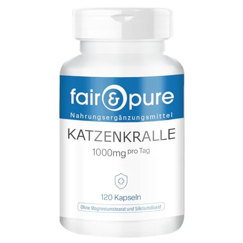 Fair & Pure Katzenkralle 1000mg pro Tagesdosis, 120 Kapseln, Cats Claw, Una De Gato, Nahrungsergänzungsmittel vegan ohne Magnesiumstearat, in Deutschland hergestellt