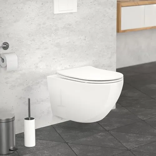 ECD Germany Spülrandloses Hänge WC Weiß glänzend lang 52cm, Toilette aus Keramik mit Antibakterieller Oberfläche, Abnehmbarer WC Sitz aus Duroplast mit Absenkautomatik Softclose, Wand-WC Tiefspüler-WC