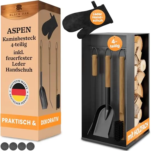 BLACK OAK Kaminbesteck ASPEN 4-teilig mit Lederhandschuh