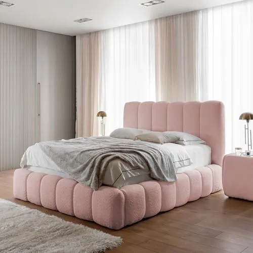 Home Collective Polsterbett Bubble 180x200 cm in Rosa mit Stauraum - Elegantes Polsterbett mit weichem Bouclé-Bezug und Rillen-Steppung. Praktischer Bettkasten unter dem Lattenrost für optimale Aufbewahrung. Hochwertiger Lattenrost mit stabiler Konstruktion für besten Schlafkomfort.