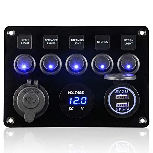 Gang Schalter Panel mit LED Voltmeter und Dual USB, 12V/24V - Multifunktionales Kippschalter Panel für Autos und Boote, IP65 wasserdicht, mit 5 Schaltern, USB-Ladegerät und LED Voltmeter für einfache Spannungsüberwachung.