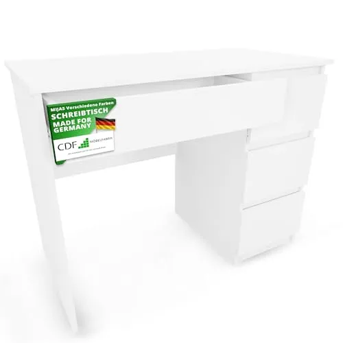 CDF Schreibtisch Mijas rechts - Mattweiß mit 4 Schubladen - Funktionaler Schreibtisch für Büro und Arbeitszimmer, ideal für Computer und Laptop. Bietet viel Stauraum mit 4 Schubladen und einfache Montage.