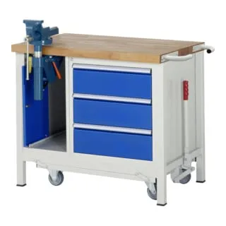 Rau Werkbank Modell 8183 mit absenkbarem Fahrgestell - Robuste Werkbank mit massiver Buche-Arbeitsplatte (40 mm) und absenkbarem Fahrgestell für flexible Nutzung. Ideal für DIY-Projekte, max. Tragkraft bis 1.250 kg.