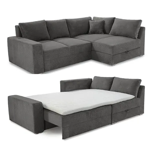 luma-home Ecksofa 15233 – Vielseitiger Dauerschläfer mit Bettkästen - Ecksofa mit Schlaffunktion und zwei großen Bettkästen, ideal für komfortables Schlafen und Stauraum. Hochwertige Boxspring-Polsterung und moderner Cordbezug in Grau Anthrazit bieten besten Komfort!