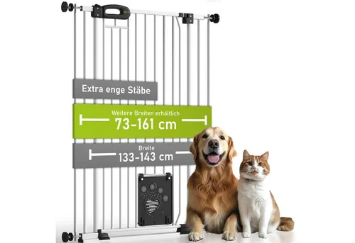 BOMI Türschutzgitter Tierschutzgitter mit Katzenklappe Merle 73-161 cm, Extra enge Abstände der Stäbe