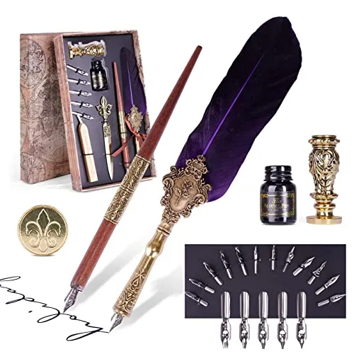 AOMAYLL Kalligraphie Feder,Vintage Federkiel Dip Quill Pen, with 17 Replacement Tips,Pen Holder,Ink,Seal Stamp-Perfektes für Anfänger und Profis