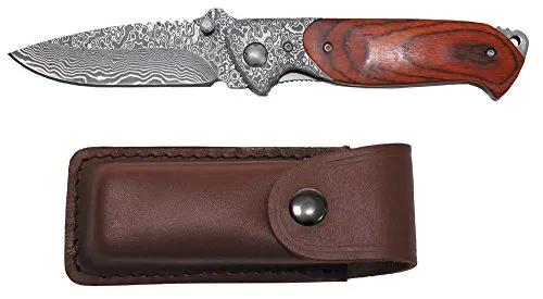 Fox Outdoor Damastmesser mit Lederscheide, braun - Gürtelmesser mit Holzeinlage und 71 Lagen Stahl, 21,5 cm lang, ideal für Outdoor-Abenteuer und Sammler