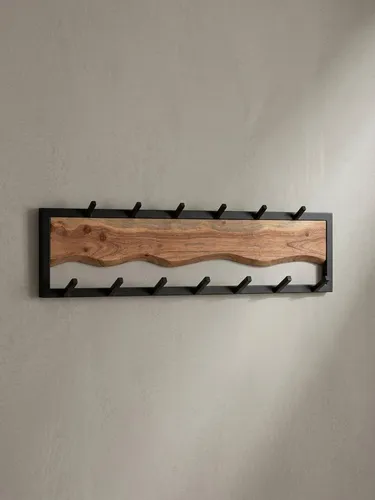 KADIMA DESIGN Wandgarderobe Wandgarderobe Akazie Massivholz / Metall 80x20x8 cm, Hakenleiste für (Wand Holz), Jacken, Schals und Mützen, Flurgarderobe mit Wellenmuster, Garderobe