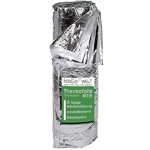 HaGa® Thermofolie Dachisolierfolie 1,2m x 12,5m - 15 Schichten Wärmedämmung - Baumaterial: Thermoreflektierende Folie für effektive Dämmung, spart Heizkosten und schützt vor Wasserdampf. Schnelle Montage und gesundheitlich unbedenklich.