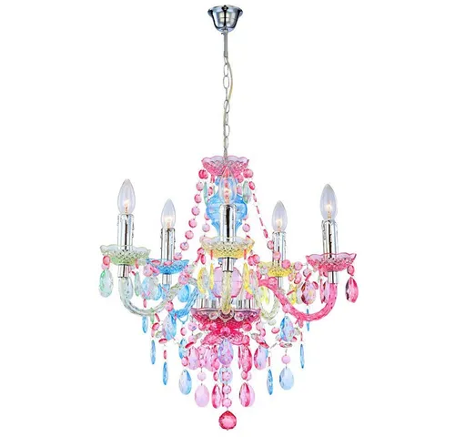 Eleganter Decken Pendel Kronleuchter Globo 63218-5 - Kronleuchter mit bunten Acrylkristallen und 5 Strahlern, ideal für Esszimmer, sorgt für stimmungsvolle Beleuchtung und ein originelles Ambiente.
