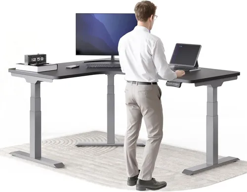 DESKSPACE Eckschreibtisch elektrisch verstellbar mit Speicherfunktion - Ergonomischer Eckschreibtisch für gesundes Arbeiten, leise Motorsteuerung unter 50 dB, ideal für den Wechsel zwischen Sitzen und Stehen – optimal anpassbar an verschiedene Körpergrößen.