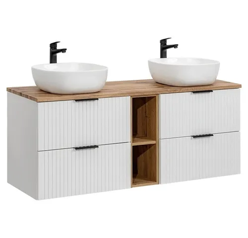 Lomadox Doppelwaschtisch 140cm mit 2 Aufsatzwaschbecken - Eleganter Waschplatz aus matt weißem MDF mit gerillter Front und Eiche Nb., inklusive 4 Softclose-Schubladen für optimalen Stauraum und modernes Design.