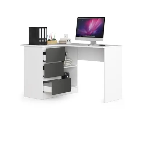 BDW Eckschreibtisch Weiß/grau Links, 3 Schubladen rechts und 2 Regale, viel Platz zum Entfalten. Perfekt für Jugendzimmer, Büros und Ateliers.