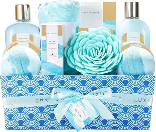 SPA LUXETIQUE Geschenk für Frauen-12tlg Geschenkset Meeresduft mit Massageöl,Badesalz,Badebomben,Duschgel,Haarturban mit Knopf Geschenksetkörbchen,Bade Geschenkset zum Valentinstag,Muttertagsgeschenk