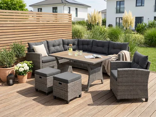 KONIFERA Gartenlounge-Set Keros Premium, 20-tlg. für 8 Personen - Garten-Lounge-Set aus Polyrattan mit robustem Stahlgestell, inkl. bequemen Auflagen. Ideal für gesellige Abende im Freien.