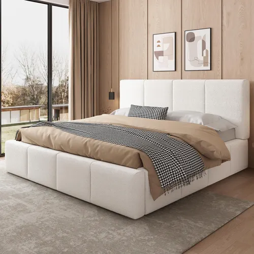 okwish Polsterbett 180x200cm Doppelbett Jugendbett mit Lattenrost,Bettgestell mit gepolstertem Kopfteil,Bettrahmen aus Bouclé,Beige (ohne Matratze)