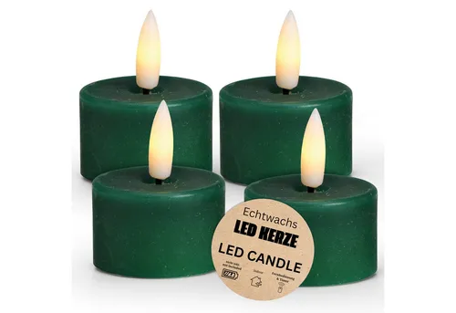 matches21 HOME & HOBBY LED-Kerze LED Teelichter 4er Set Wachs, Elektrische flackernde Kerze, Grün (4-tlg), Echtwachskerze praktisch mit Timerfunktion