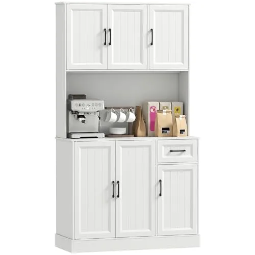 HOMCOM Küchenschrank, Buffetschrank mit Arbeitsplatte, verstellbaren Regalen, 6 Türen, Schublade, Hochschrank Vorratsschrank mit Kabelloch, für Küche Wohnzimmer Esszimmer 100 x 39,5 x 180,5 cm Weiß