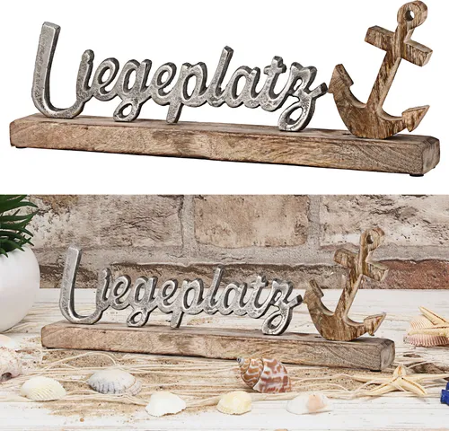 Schriftzug 'Liegeplatz' Anker silber 40x15x5cm Mangoholz Aluminium Dekoaufsteller Tischdeko Aufsteller maritim