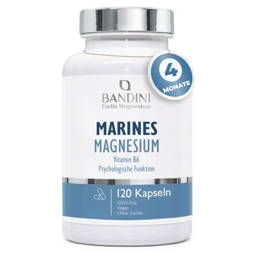 Bandini® Marine Magnesium und Vitamin B6 | Hoher Gehalt an marinem Magnesiumoxid: 200 mg Magnesium und 1,4 mg B6 | Für Nervensystem, Müdigkeit | 120 Kapseln | 1 Kapsel/Tag für 4 Monate Versorgung