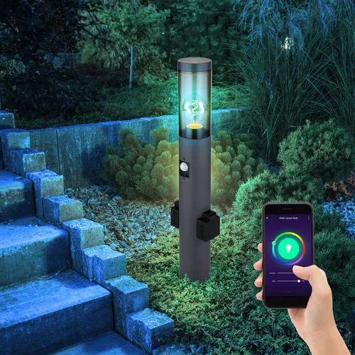 Sockelleuchte mit Bewegungsmelder und App-Steuerung - Lampen für den Außenbereich mit IP44 Schutzart, dimmbar und steuerbar über App. Inklusive 1x Smart RGB LED 10W für individuelle Lichtstimmungen.