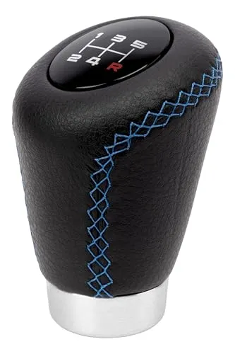 +PWR Car Parts Universeller Schaltknauf Modell OEM Kurz II Schwarzes Kunstleder mit blauer Naht. 27 mm langer Schaltknauf. Mit austauschbaren Schaltdiagrammen, Blau