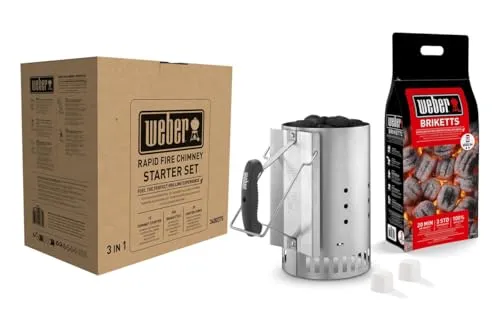 Weber Anzündset - Rapidfire Starter Set, besteht aus Amzündkamin - Groß (32cm), 2Kg Holzkohlebriketts & 2 Anzündwürfeln, ideales Starterpaket für alle Holzkohlegrills (3400375)
