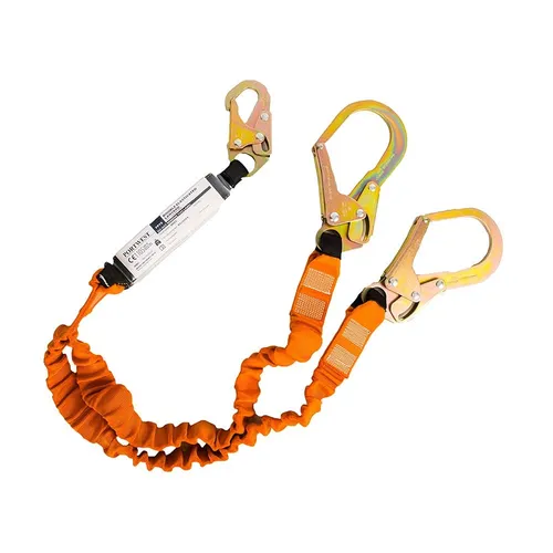 Portwest Double Fall Arrest Lanyard 140kg - Fallschutzausrüstung mit einem maximalen Nutzergewicht von 140 kg, 180 cm lang und ausgestattet mit einem effektiven Stoßdämpfer für zusätzliche Sicherheit.