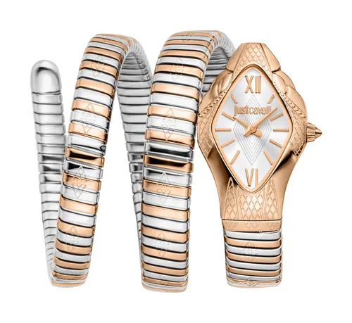 Just Cavalli Damen Cristallo 22mm Quarz Uhr JC1L307M0065 - Elegante Damen-Armbanduhr aus Edelstahl mit silbernem Zifferblatt. Das stilvolle Design und die zweifarbige Armbandgestaltung machen sie zum perfekten Accessoire für jeden Anlass.