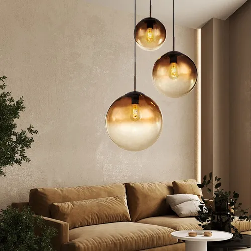 Moderne Decken Pendel Lampe Varus mit Amber Glas Kugeln - Lampen: Stilvolle Hängeleuchte mit 3 braunen Glaskugeln, ideal für Wohnzimmer und Schlafzimmer. Inklusive dimmbarer LED Leuchtmittel für warmweißes Licht und Energieeffizienz.
