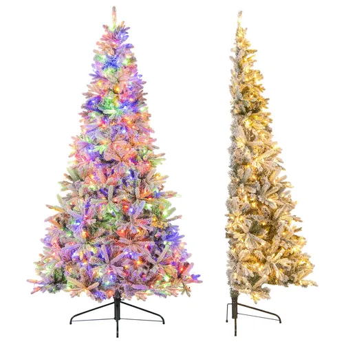 COSTWAY 180cm Künstlicher Halber Weihnachtsbaum mit Schnee, 180 LED-Lichtern, 9 Modi & Fernbedienung, Tannenbaum, Christbaum, Kunstbaum Weihnachten