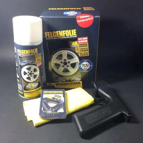 Sprühfolie Felgenfolie Set 4x 400ml weiß glänzend + Sprühpistole Sprayboy - Autopflege & Motorradpflege, perfektes Set für eine glänzende und schützende Felgenbeschichtung, inklusive Sprühpistole für einfache Anwendung.