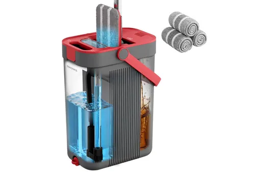 SONGMICS Wischmopp-Set mit Eimer, Bodenwischer, Trennung von Frisch- und Schmutzwasser, (3-St), 3-Kammer-Eimer mit Abstreifer, 360°-Drehkopf, 3 Mikrofaserbezug