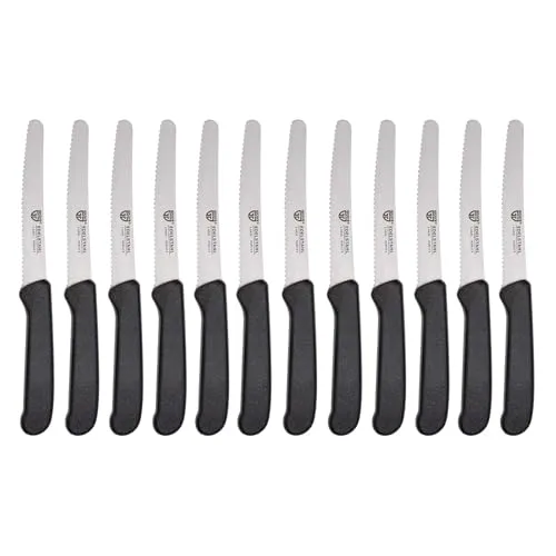 GRÄWE Tafelmesser 12 Stück, Messerset zum Schneiden, 12er Pack Brötchenmesser, Frühstücksmesser mit einseitigem Wellenschliff, Brotmesser, scharfe Messer für Brotzeit, 21 cm - Schwarz