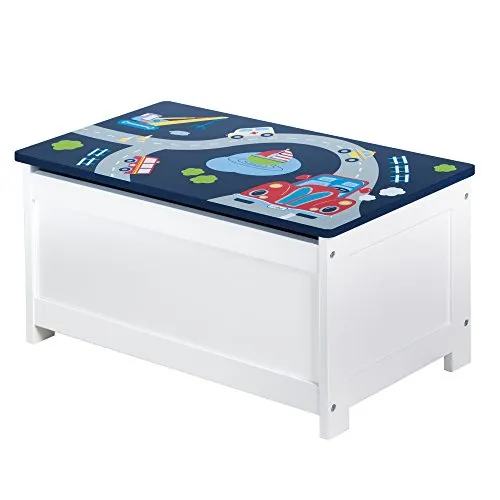 roba® Spielzeugtruhe Truhenbank - Sitz- & Aufbewahrungstruhe für Kinderzimmer - Spielzeugkiste für Kinder ab 2 Jahren, mit Rennfahrer-Motiv, bietet Platz für Spielzeug und dient gleichzeitig als Sitzgelegenheit.