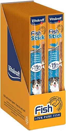 Vitakraft Fish Stick Lachs - 50 x 15g - Hunde-Trockenfutter mit über 75% purem Fisch, ideal für empfindliche Hunde. Unterstützt gesunde Haut und glänzendes Fell, perfekt für unterwegs dank frischeversiegelter Packung.