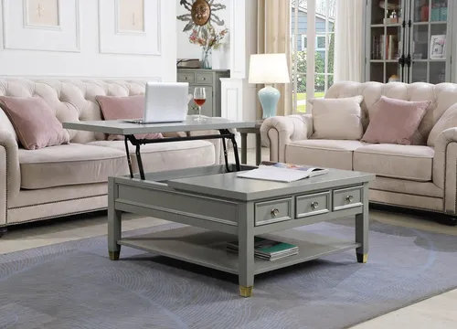Designer Couchtisch aus Holz mit höhenverstellbarer Platte - Eleganter Beistelltisch für das Wohnzimmer mit 3 Schubladen. Der quadratische Tisch in Grau überzeugt durch seine Höhenverstellbarkeit und passt perfekt in moderne Landhaus-Stile.