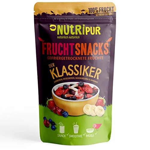 Gefriergetrocknete Früchte-Mix „Der Klassiker“ 100g FruchtSnacks I Getrocknete Beeren und Früchte ungezuckert I Getrocknete Erdbeeren, Heidelbeeren, Sauerkirschen und Bananen I 100% Frucht