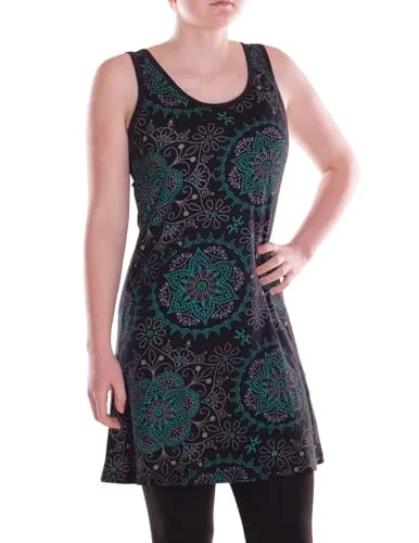 Vishes Alternative Bekleidung - Damen Mini-Kleid Baumwolle Blumen-Muster A-Linie rundhalsig ohne Bündchen schwarz 32-34