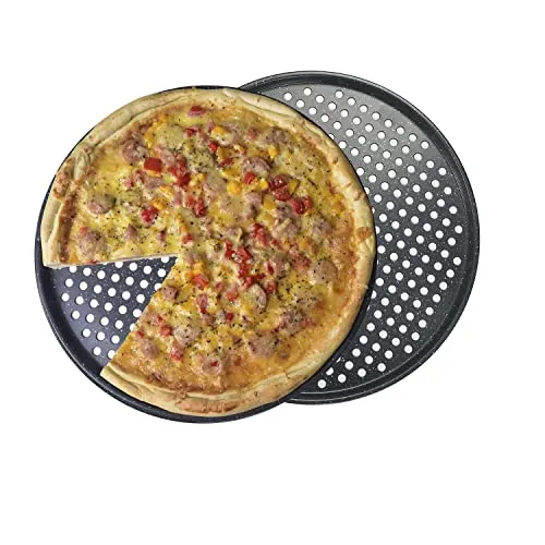 Monfish Pizzablech 36cm rund und gelocht, 2er Set, perforierte antihaft Pizzapfanne aus Karbonstahl, Pizzaform für Ofen