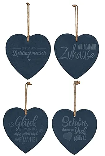 Levandeo® Memoboard 4er Set Herz Schiefertafel 20x20cm - Wandtafeln mit liebevollen Sprüchen, ideal als Geschenk. Jedes Set enthält 4 Schiefertafeln mit natürlicher Struktur und Kordel zum Aufhängen.