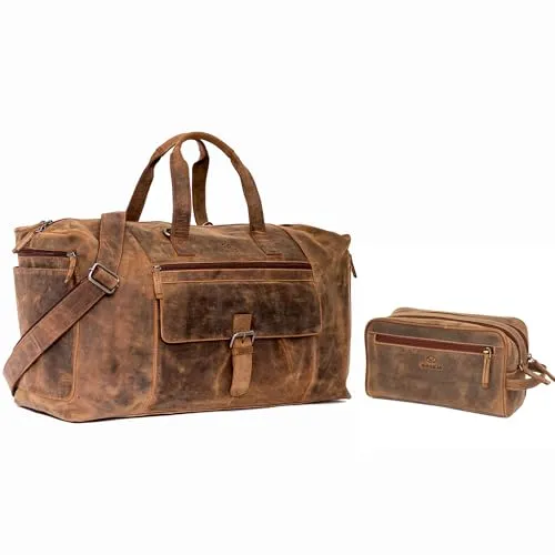 ALMADIH Leder Reisetasche Aiko + Kulturtasche Pietro BV – Stilvolle Weekender Duffle Bag für Herren - Elegante ALMADIH Leder Reisetasche AIKO aus hochwertigem Rindsleder, ideal als Weekender und Handgepäck. Praktische Fächer für Laptop und Essentials, inklusive Kulturtasche PIETRO. Maße: 54x30x18 cm.