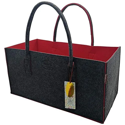 RAIKOU NEU Filztasche Shopper Holzkorb Einkaufstasche Henkeltasche Zeitungskorb Stabile Kaminholztasche Zeitungsständer auch für Spielzeug Garten Picknick Strand (Anthrazit/Rot,50 * 34 * 27cm)