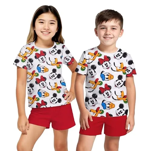 Disney Mickey Mouse Schlafanzug für Jungen und Mädchen - Kinder Pyjama Set Kurzarm Oberteil mit Hose Weiß/Rot (DE/NL/SE/PL, Numerisch, 110, 116, Regular, Weiß/Rot)