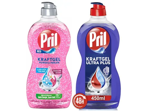 PRIL Kraftgel Power & Perlen Granatapfel & Ultra Plus 2 x 450ml Geschirrspülmittel (Doppelpack, [2-St. mit höchster Fettlösekraft für sauberes Geschirr)