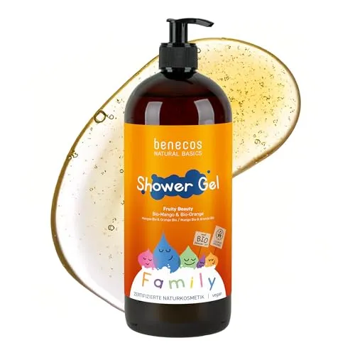 benecos Duschgel Fruity Beauty Mango & Orange 950ml - Familienfreundliches Duschgel mit fruchtigem Duft, sanfter Reinigung und natürlichen Inhaltsstoffen wie Bio-Mango und Bio-Orange für ein erfrischendes Duschvergnügen.