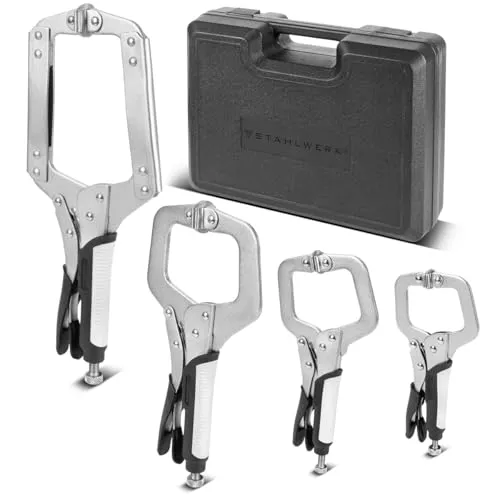 STAHLWERK Gripzangen Set 4-teilig - C-Form 6 bis 14 Zoll - Vielseitiges Gripzangen Set mit 4 C-Form Zangen für präzises Klemmen. Ideal für Werkstatt und Baustelle, inklusive robustem Transportkoffer für sichere Aufbewahrung.