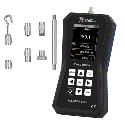 PCE Instruments Kraftmessgerät PCE-DFG 500 - Präzise Messung bis 500N - Kraftmessgeräte für Zug- und Druckkräfte mit hoher Genauigkeit von ±0,05% F.S. Ideal für Prüflabore, ausgestattet mit Speicher und Software für einfache Auswertung.