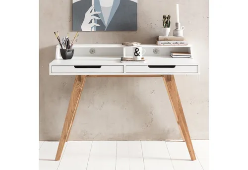 FINEBUY Schreibtisch FB45841 - Moderner Laptoptisch mit Kabeldurchlass - Schreibtisch aus MDF-Holz in skandinavischem Design, ideal für Home Office mit praktischen Kabeldurchlass und zwei Schubladen für mehr Ordnung.